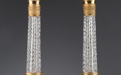 Pair French Bronze Crystal Empire Candlesticks