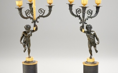 Pair French late Empire figural bronze candelabra