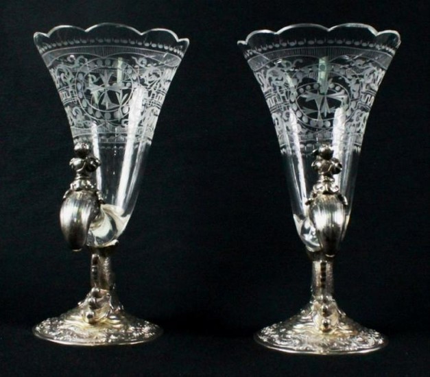 Pair Of German 800 Fine And Crystal Cornucopia Vases