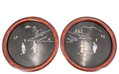 Pair Of Sino Japanese Mother Of Pearl Inlay Lacquered Wall Medallions