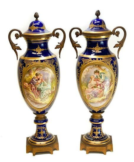 Pair Sevres Double Handled Decorative Urns, circa 1900