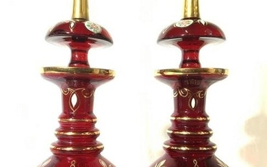 Pair Vintage Persian Bohemian Glass Decanters