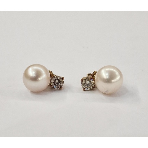 Pair cultured pearl and diamond earrings, each pearl pale pi...