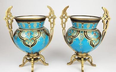 Pair of 19th C. French Jewelled Bronze Mounted Vases