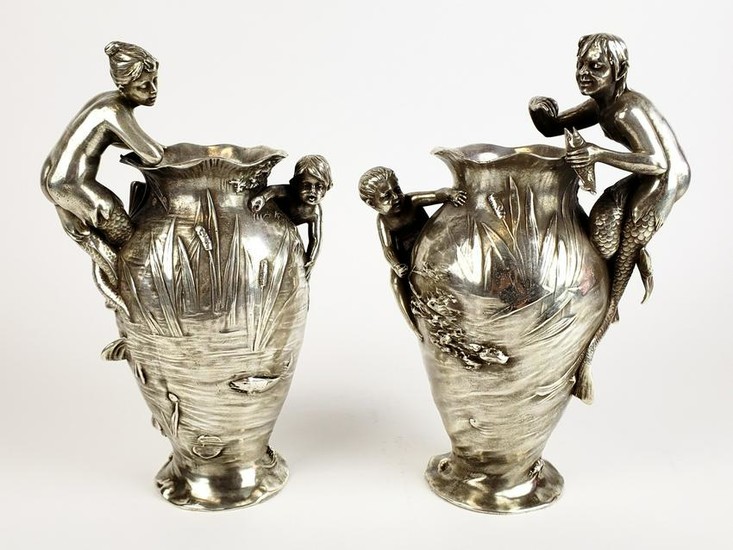 Pair of 19th C. Silverplated Figural Vases