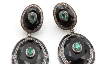 Pair of Black Onyx Emerald and Diamond Set Ladies Drop Earri...