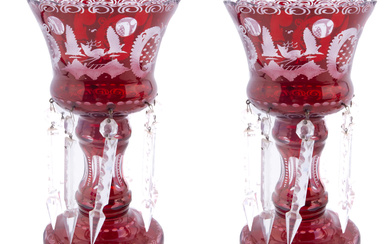 Pair of Bohemian Egermann Czechoslovakia Cranberry Cut Glass Vases
