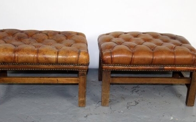 Pair of Chesterfield tufted leather foot stools
