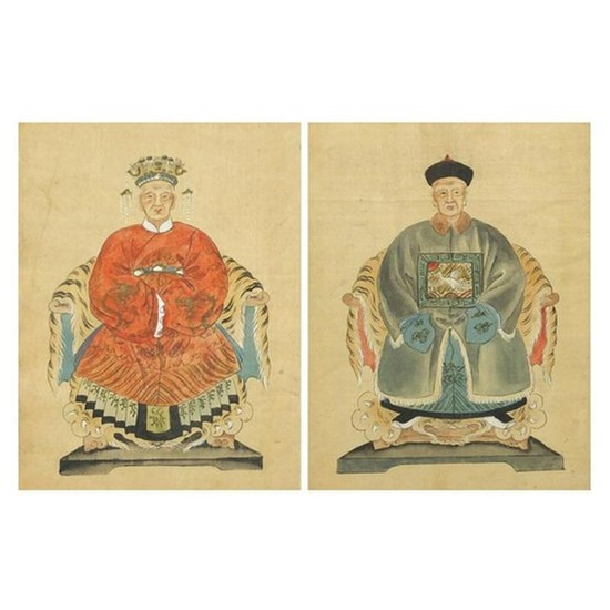 Pair of Chinese ancestral portraits, watercolours on