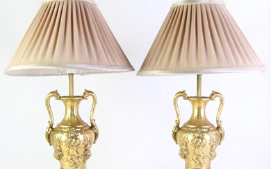 Pair of Gilded table Lamps with Pleated Shades (h:55cm)