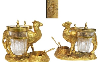Pair of Gilt Bronze Crystal Camel Figural Condiment Set