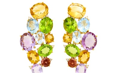 Pair of Gold, Colored Stone and Diamond Cascade Cluster Earclips