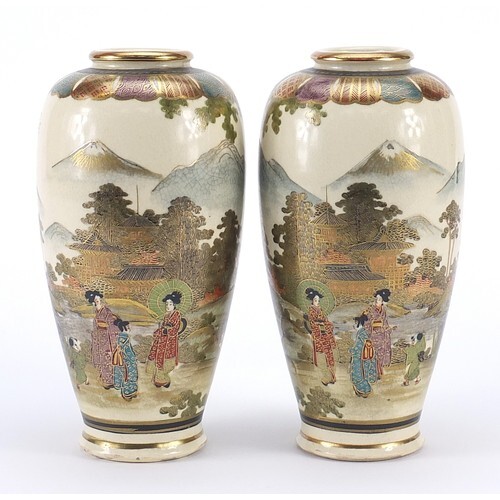 Pair of Japanese Satsuma pottery vases hand painted with Gei...