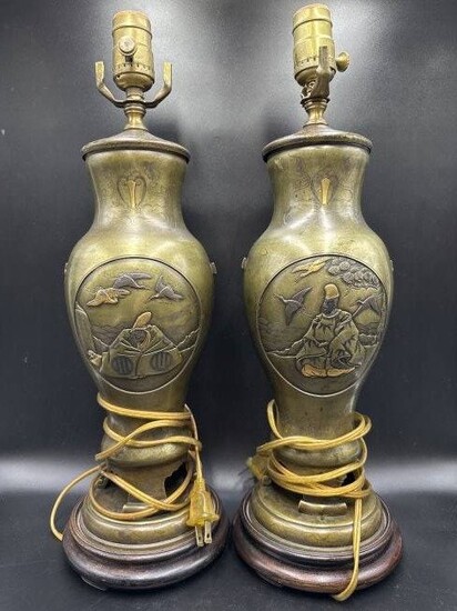 Pair of Japanese mixed metal bronze lamps incl. gold