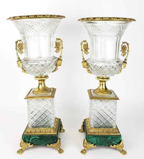 Pair of Large Bronze & Crystal Vases with Malachite