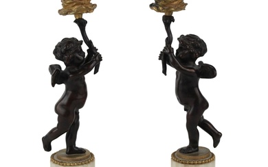 Pair of Louis XV Style Ormolu-Mounted Bronze & Marble Putti...