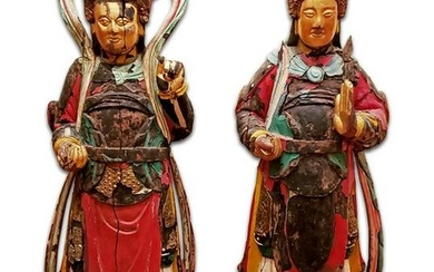 Pair of Magnificent 12th C. Hand Carved Gilt Polychrome