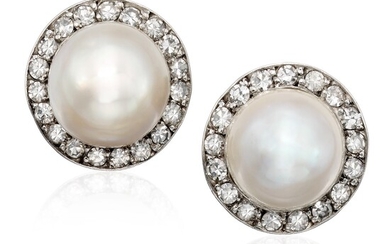 Pair of Natural Pearl and Diamond Ear Studs