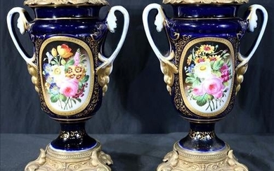 Pair of Old Paris vases, cobalt blue with floral design