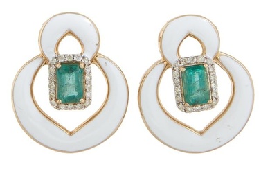 Pair of Oscar Friedman Emerald, Diamond and White Enamel Earrings, Total Emerald Wt.- 1.11 cts.