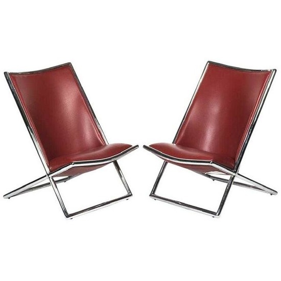 Pair of Ward Bennett Leather Scissor Chairs, Modern