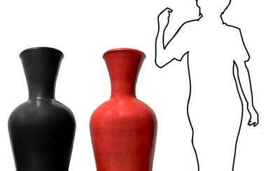 Pair of large baluster vases in black clay and red