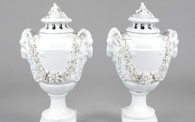 Pair of porpourri vases, Ludwigsburg, 20th c., urn shape with side handles in the form of buck's