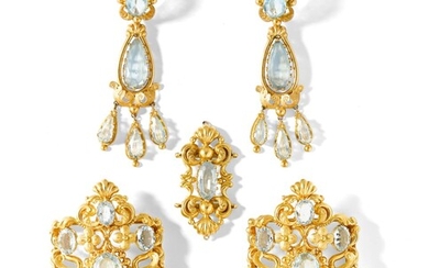 Paire de pendants d'oreille et trois fermoirs aigues-marines | Pair of aquamarine pendent earrings and three clasps
