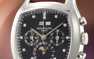 Patek Philippe, Ref. 5020 An attractive and rare cushion shaped platinum perpetual calendar chronograph wristwatch with moonphases, black dial and diamond-set hour markers, certificate of origin and setting pin