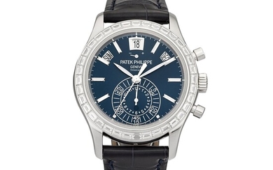 Patek Philippe Reference 5961 | A platinum and diamond-set annual calendar flyback chronograph wristwatch with day, date, power reserve and day and night indication, retailed by Tiffany & Co., Circa 2019 | 百達翡麗 | 型號5961 |...