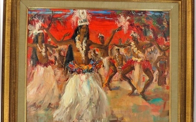 Paul DAXHELET (1905-1993) "Hawaiian dancers on orange background", oil on canvas, signed lower right, 50 x 60 cm