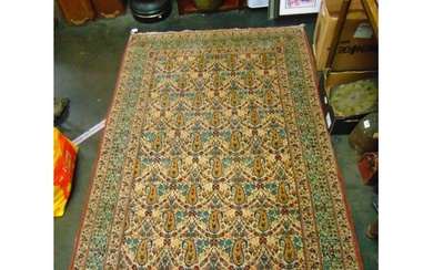 Persian rug, having geometric floral pattern.