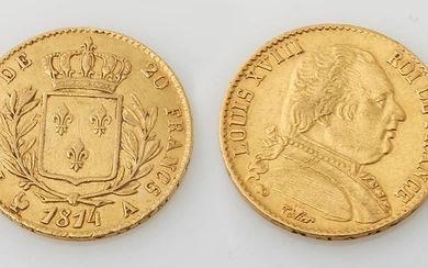 Pièce de 20 Francs or de 1814. Diam. : 2 cm. Poids : 6,39 g....