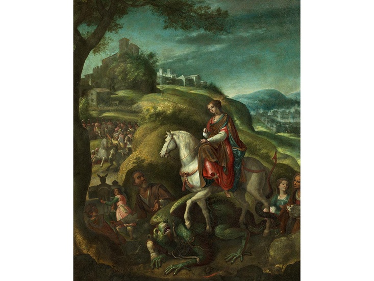 Pietro de Lignis, auch genannt „Pieter van den Houte“, um 1577 Mechelen – 1627 Rom, DIE HEILIGE MARGARETA ZU PFERD üBER EINEM DRACHEN
