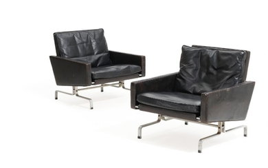 Poul Kjærholm: “PK 31”. A pair of easy chairs with chromium-plated steel frame, upholstered with black leather. Manufactured by E. Kold Christensen. (2)