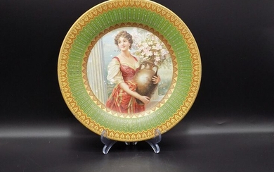Pretty lady with flowers decorated tin plate