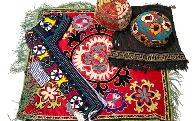 Quantity of Uzbekistan textiles, hats, and a Bridal Viel