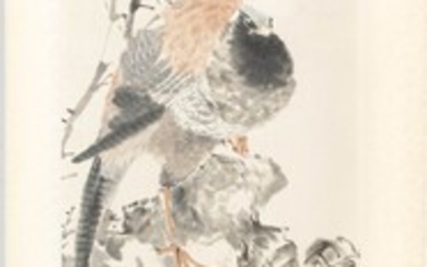 REN XUN (CHINESE, 1835-1893) WATERCOLOR AND INK ON PAPER, ON SILK SCROLL, 1880 H 48" W 12.5" PHEASANT ON ROCK