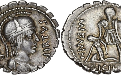 RÉPUBLIQUE ROMAINE Aquillia, Manius Aquillius. Denier serratus ND (71 av. J.-C.), Rome. RRC.401/1 ; Argent...