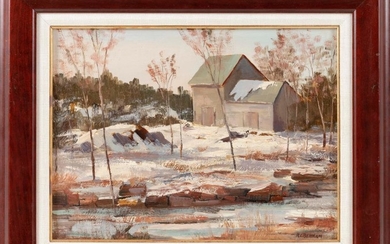 ROBERT C. BENHAM, United States, 1908-2002, "Winter Barn, Gloucester Mass"., Oil on board, 11.5" x 15.5". Framed 17.25" x 21.25".