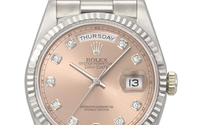 ROLEX. AN ATTRACTIVE 18K WHITE GOLD AND DIAMOND-SET AUTOMATIC WRISTWATCH...