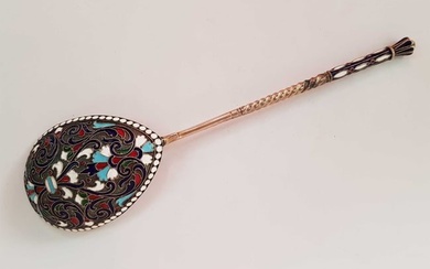 RUSSIAN LARGE CLOISONNE SILVER SERVING SPOON