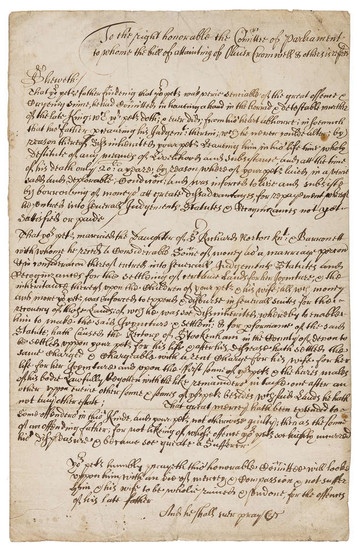 Regicide.- Norton (Sir Gregory, regicide).- To the right honourable the Comittee of Parliament to whome the bill of attainting of Oliver Cromwell & others..., manuscript, [c. 1660].