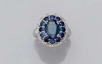 Ring forming a cushion of white gold, 750 MM, centered by an oval sapphire weighing 3.58 carats in a row of round sapphires finely surrounded by diamonds, size: 54, weight: 8.7gr. rough.
