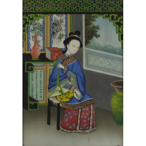 Robed female in an interior, Chinese reverse glass painting,...