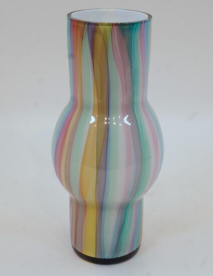 Roger Tye, a studio glass vase, of cylindrical form with bulbous mid section, etched to underside, 'Roger Tye, Phoenix Glass Studio', 25.7cm high