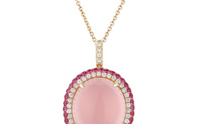 Rose Quartz Ruby and Diamond Pendant Necklace