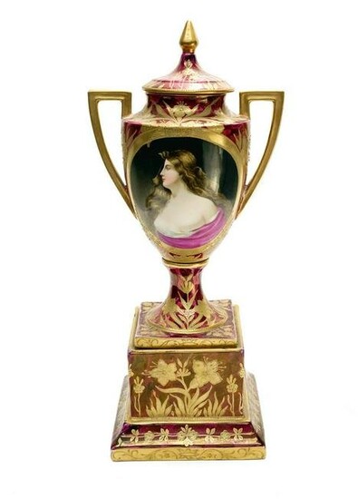 Royal Vienna Hand Painted Porcelain Double Handled Urn
