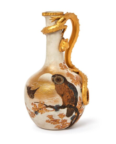 Royal Worcester, Aesthetic movement Owl ewer with dragon handle, 1883, Glazed porcelain, gilded, Printed makers mark with date letter 'U' and impressed shape no.260, 29cm high