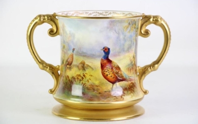 Royal Worcester Twin Handled Vase featuring Pheasants, signed Johnson (H15.5cm)